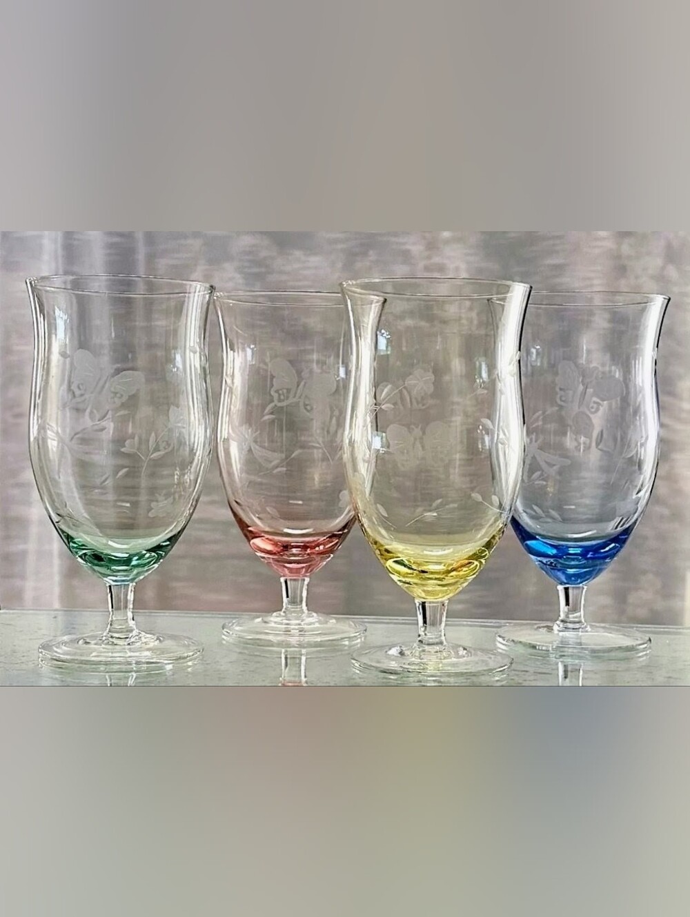 Lenox Vintage Butterfly Meadow Etched Colored Ice Tea Glasses Set Of 4, 18 Oz. - Picture 3 of 16